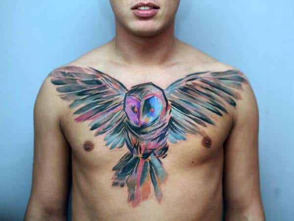 Cool Colorful Mens Barn Owl Watercolor Upper Chest Tattoo Ideas