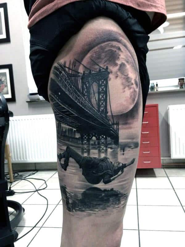 Cool Falling New York City Brooklyn Bridge With Moon Mens Thigh Tattoos