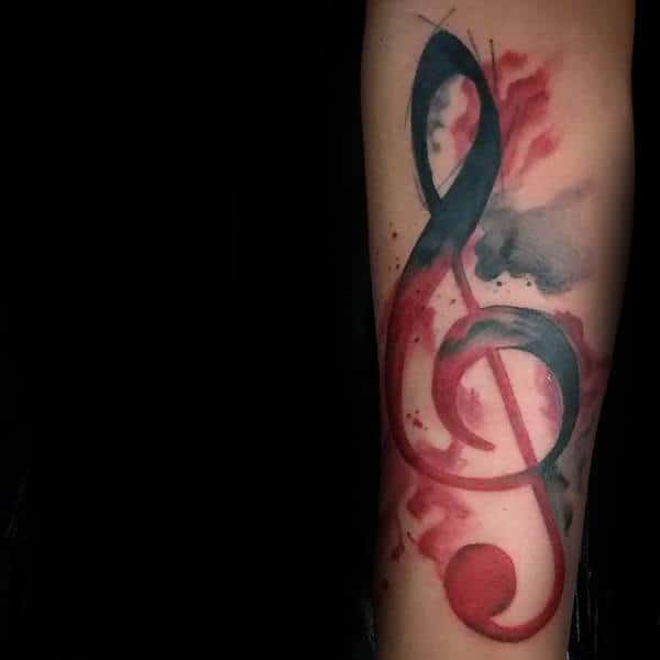 Cool Tattoo Of Music Note With Watercolor Black And Red Design For Men