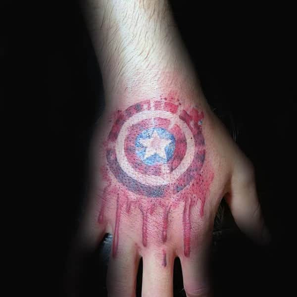 Cool Watercolor Hand Tattos For Men With Captain America Shield