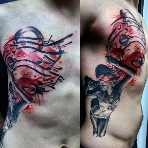 Creative Music Note Mens Female Watercolor Red Ink Tattoo On Rib Cage Side