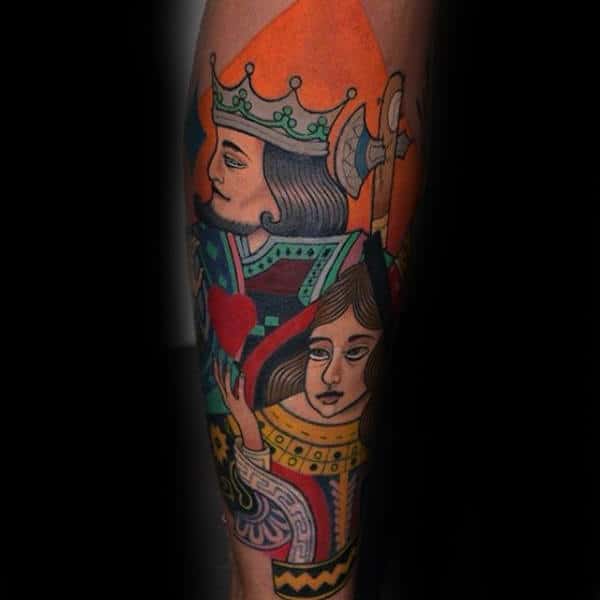 Creative Playing Card King And Queen Forearm Tattoo On Male