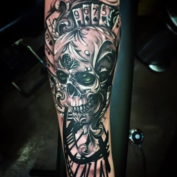 Decorative Guys Forearm Playing Card Tattoo With Skull Design
