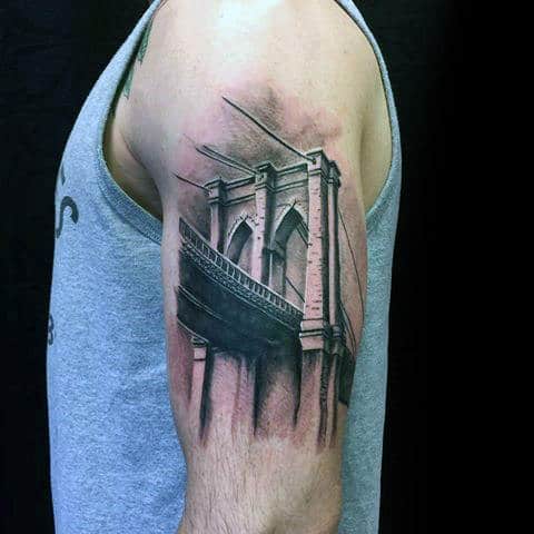 Detailed Brooklyn Bridge Arm Tattoo On Guy