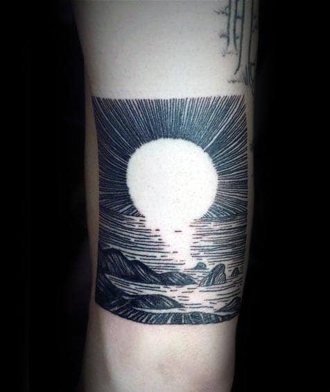 Detailed Rising Sun Ocean Rocks Tattoo For Guys