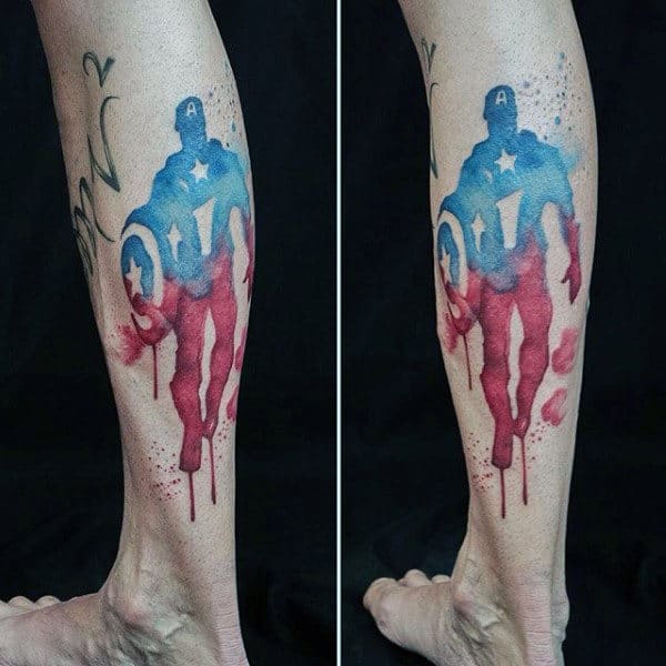 Dripping Paint Watercolor Captain America Leg Tattoos For Men