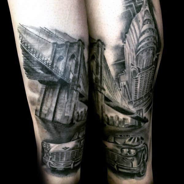 Empire State Building And Brooklyn Bridge Mens Leg Tattoos