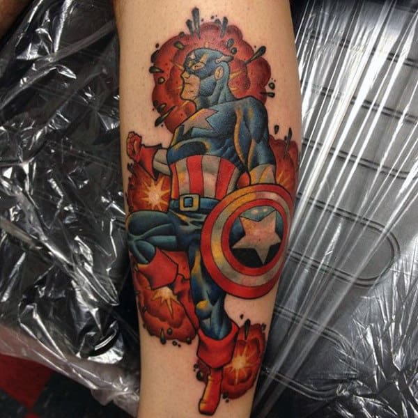 Explosion Captain America Leg Tattoo On Man