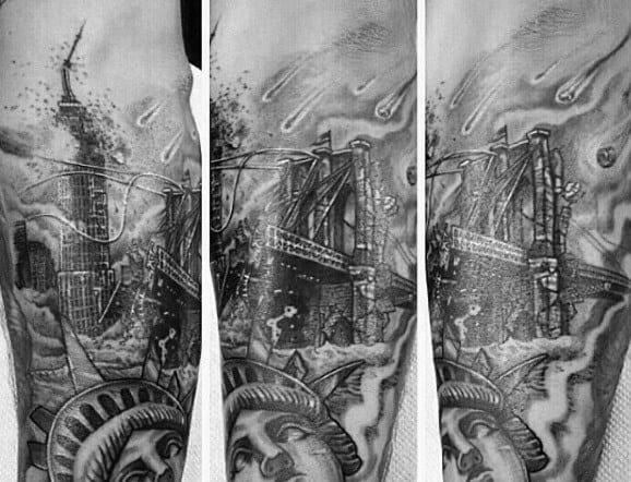 Flaming Brooklyn Bridge Mens Forearm Tattoo