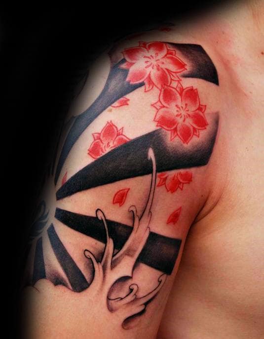 Flower Rising Sun Mens Black Ink Tattoo On Upper Arms
