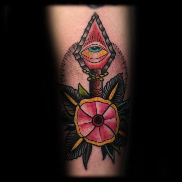 Flower With All Seeing Eye And Arrow Male Traditional Arm Tattoo