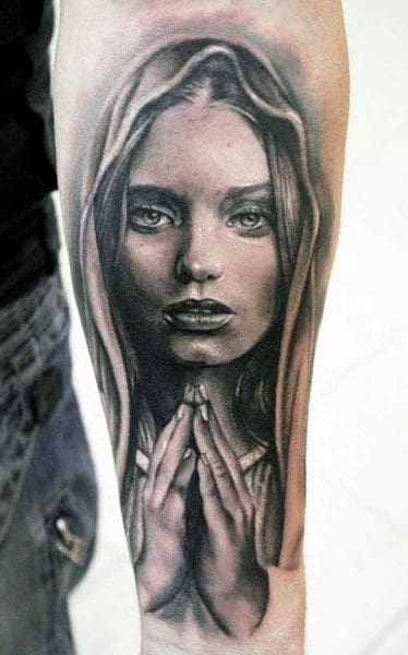 Forearm Mother Mary Mens Hands Praying Tattoo