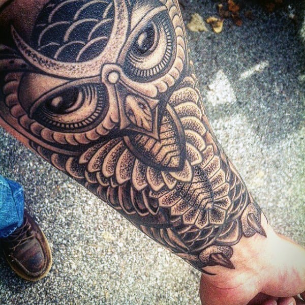 Forearm Sleeve Black Owl Tattoo For Males