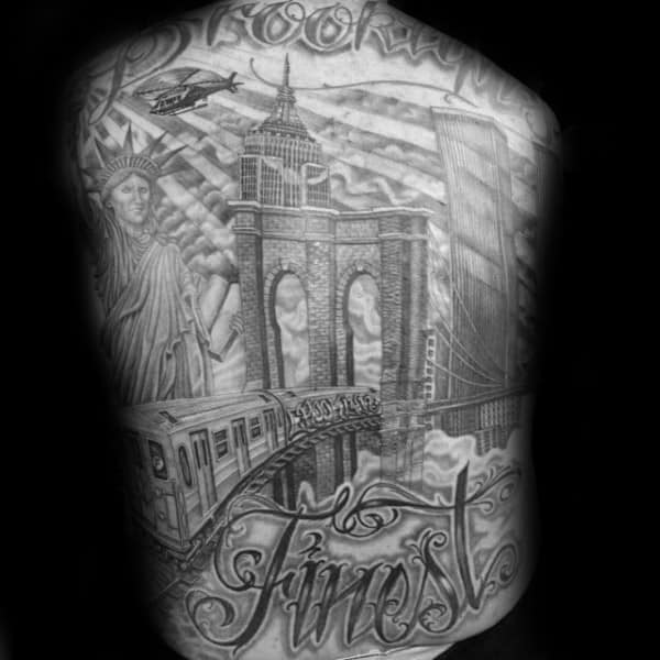 Full Back Brooklyn Bridge Shaded Tattoos For Men