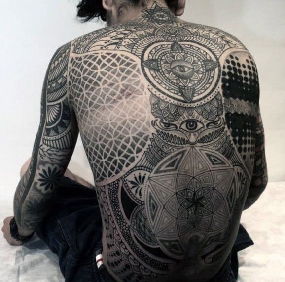 Full Back Sacred Geometry Tattoo In Black Ink For Men