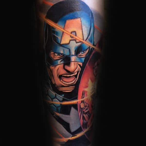 Gentleman With Captain America Forearm Sleeve Tattoo