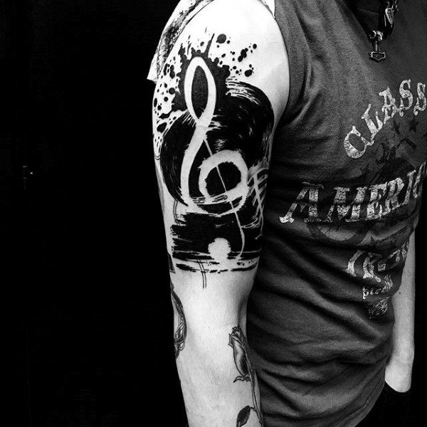 Gentleman With Music Note Watercolor Upper Arm Black Ink Tattoo