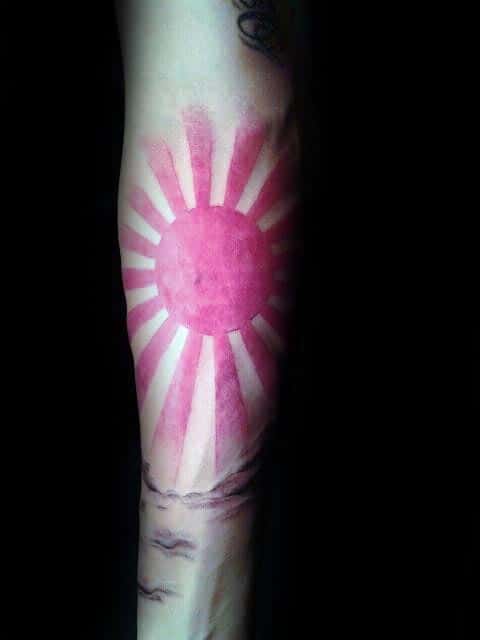 Gentleman With Rising Sun Inner Forearm Red Ink Tattoo Design
