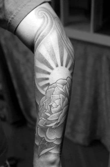 Gentleman With Rising Sun Rose Flower Forearm Sleeve Tattoo