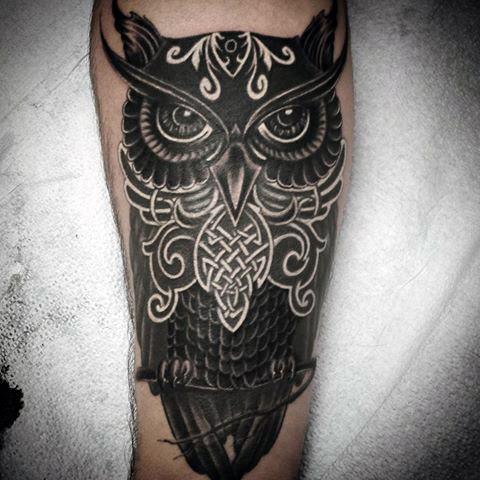 Gentleman With White And Black Ink Celtic Owl Tattoo On Inner Forearm