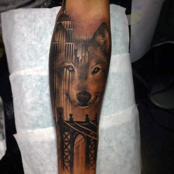 Gentleman With Wolf Brooklyn Bridge Leg Sleeve Tattoo