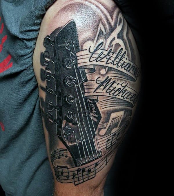 Guitar With Music Note Mens Upper Arm Tattoos