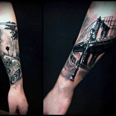 Guy With Brooklyn Bridge Forearm Tattoo With Black And White Ink Design
