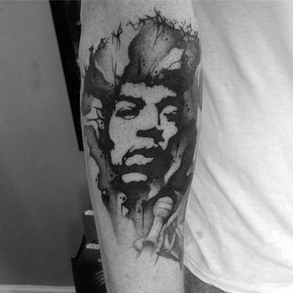 Guy With Jimi Hendrix Watercolor Forearm Tattoo Design