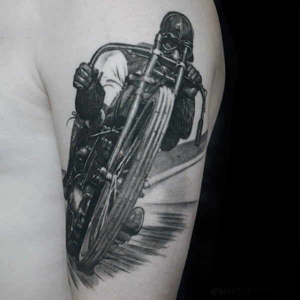 Guys Arms Interesting Tattoo Of Man Speeding On Motorbike