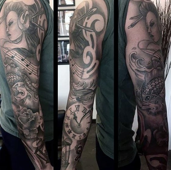 Guys Full Sleeve Music Note Tattoo Design Inspiration