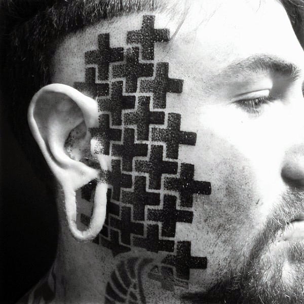 Guys Interesting Geometrical Black Cross Tattoo On Face