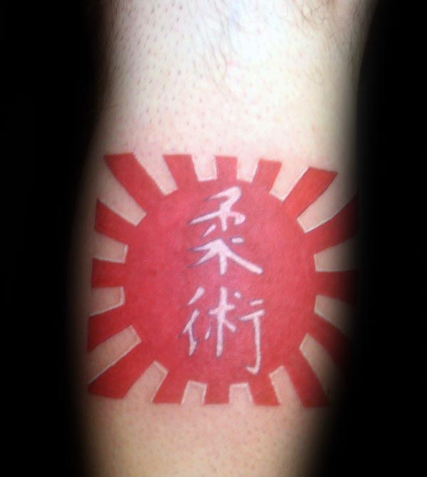 Guys Japanese Lettering White And Red Ink Rising Sun Tattoos