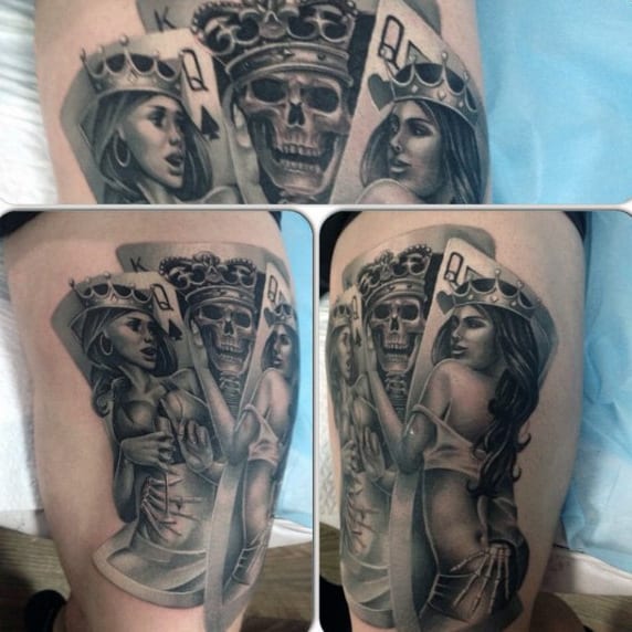 Guys King With Playing Card Females Arm Tattoo Design