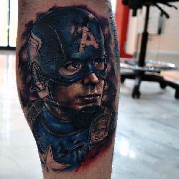 Guys Leg Calf Captain America Watercolor Tattoos