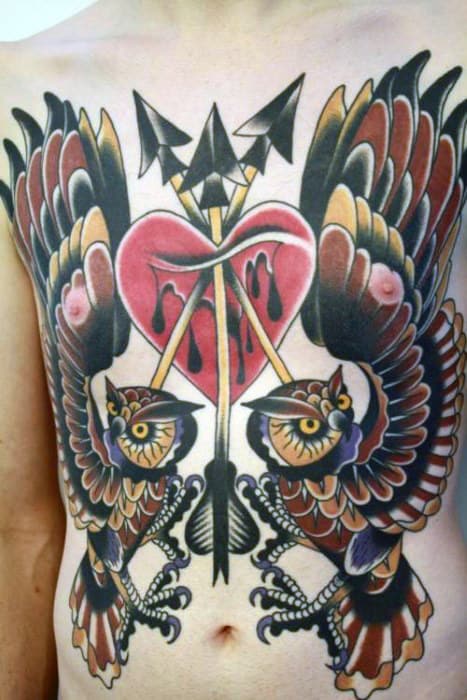 Guys Owls With Heart And Arrows Traditional Tattoo On Chest