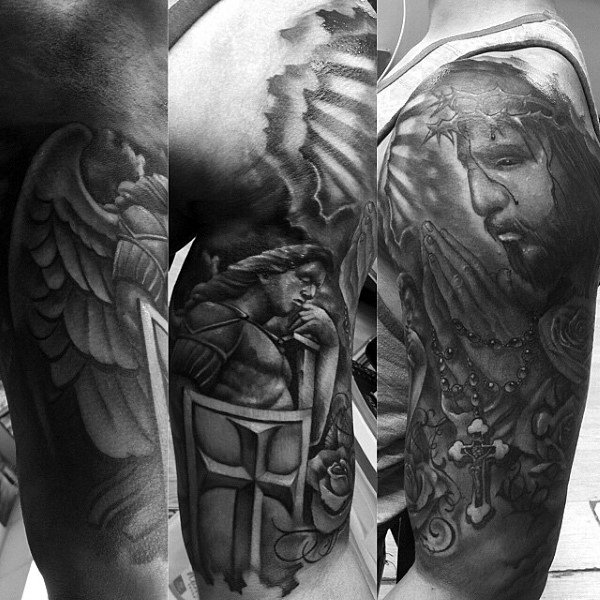 Half Sleeve Angel Jesus Praying Hands Tattoo For Guys