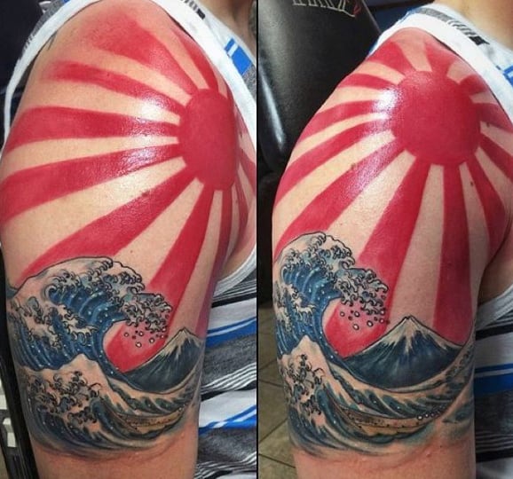 Half Sleeve Guys Rising Sun Japanese Ocean Waves Tattoo Ideas
