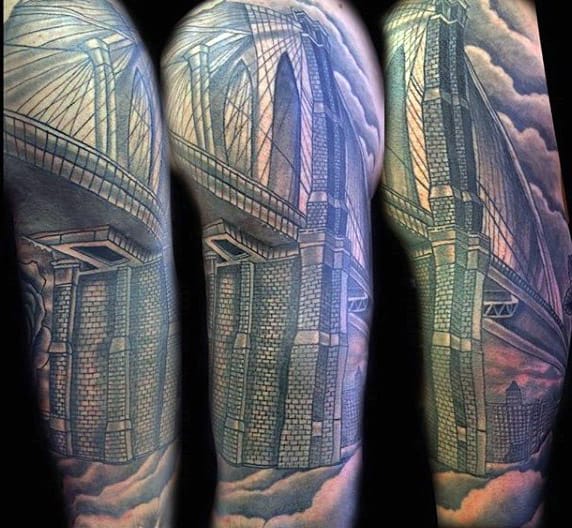 Half Sleeve Male Brooklyn Bridge Tattoo Designs