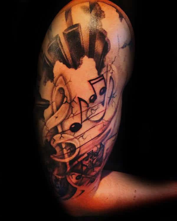 Half Sleeve Male Music Note Piano Keys Tattoo Designs