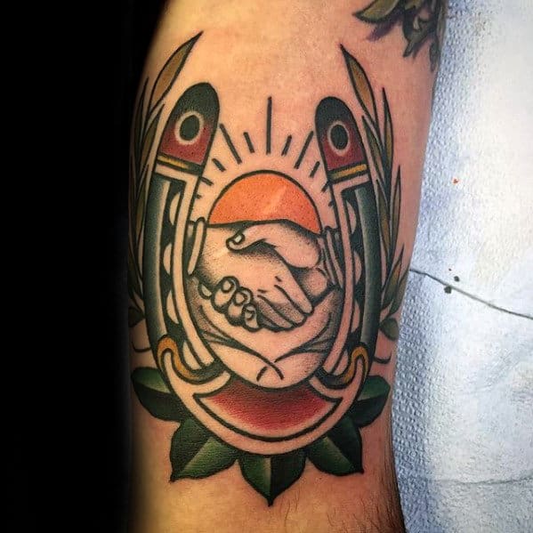 Handshake With Sun And Horseshoe Male Traditional Arm Tattoo