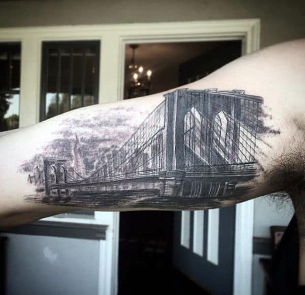 Incredible Mens Inner Arm Bicep Brooklyn Bridge Tattoo Designs