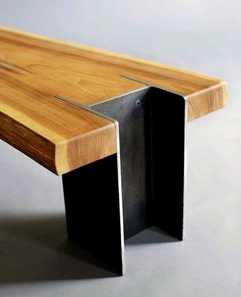 industrial steel beam and wood bench