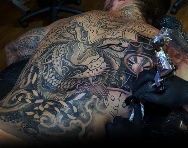 Interesting Black Pattern Tattoo Male Back
