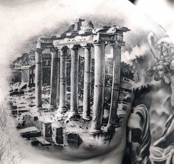 Interesting Black Tattoo Of Greek Architecture Tattoo Mens Torso