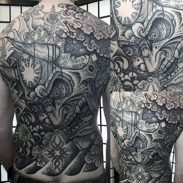 Interesting Detail Grey Tattoo Male Full Back