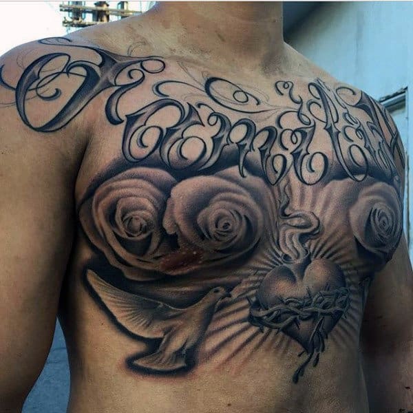 Interesting Tattoo Of Heart Peace Dove And Roses Male Chest