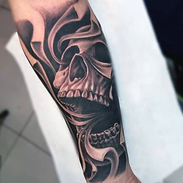 Interesting Tattoo Of Smoke From Skulls Mouth Tattoo Male Forearms