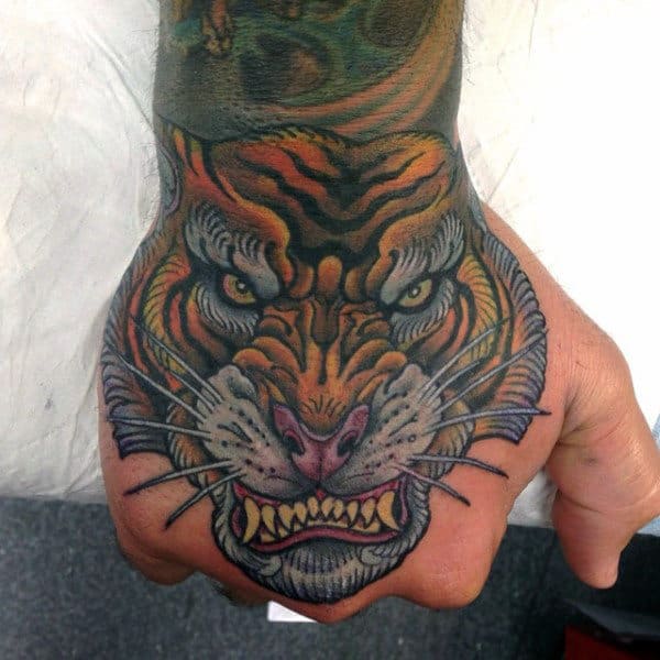 Interesting Tiger Tattoo Male Hands
