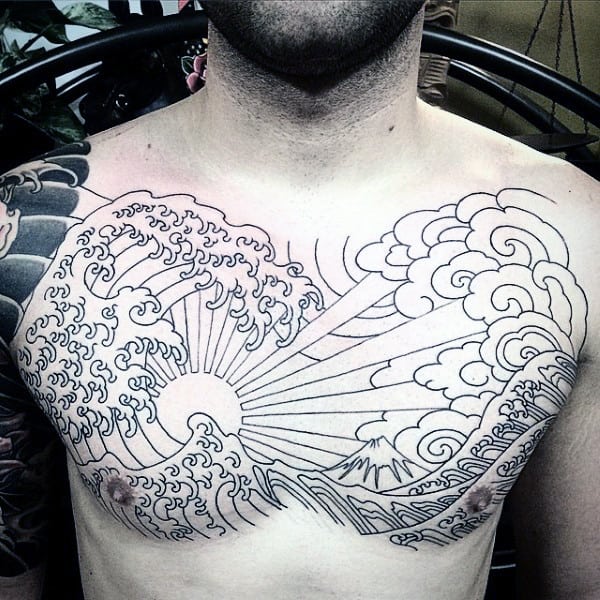 Japanese Ocean Waves Rising Sun Mens Chest Tattoo With Black Ink Outline Design