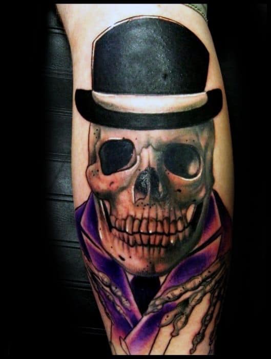 Leg Calf Amazing Mens Skull With Top Hat Tattoo Designs